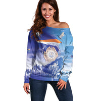 Personalised Marshall Islands Remembrance Day Off Shoulder Sweater We Will Always Remember LT05 Women Blue - Polynesian Pride