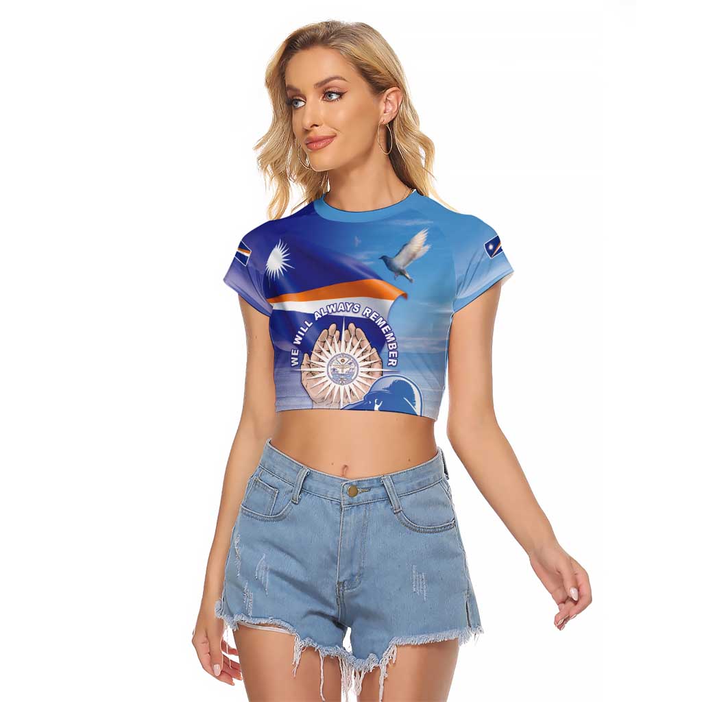 Personalised Marshall Islands Remembrance Day Raglan Cropped T Shirt We Will Always Remember LT05 Female Blue - Polynesian Pride
