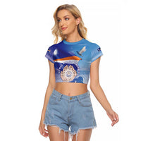 Personalised Marshall Islands Remembrance Day Raglan Cropped T Shirt We Will Always Remember LT05 Female Blue - Polynesian Pride