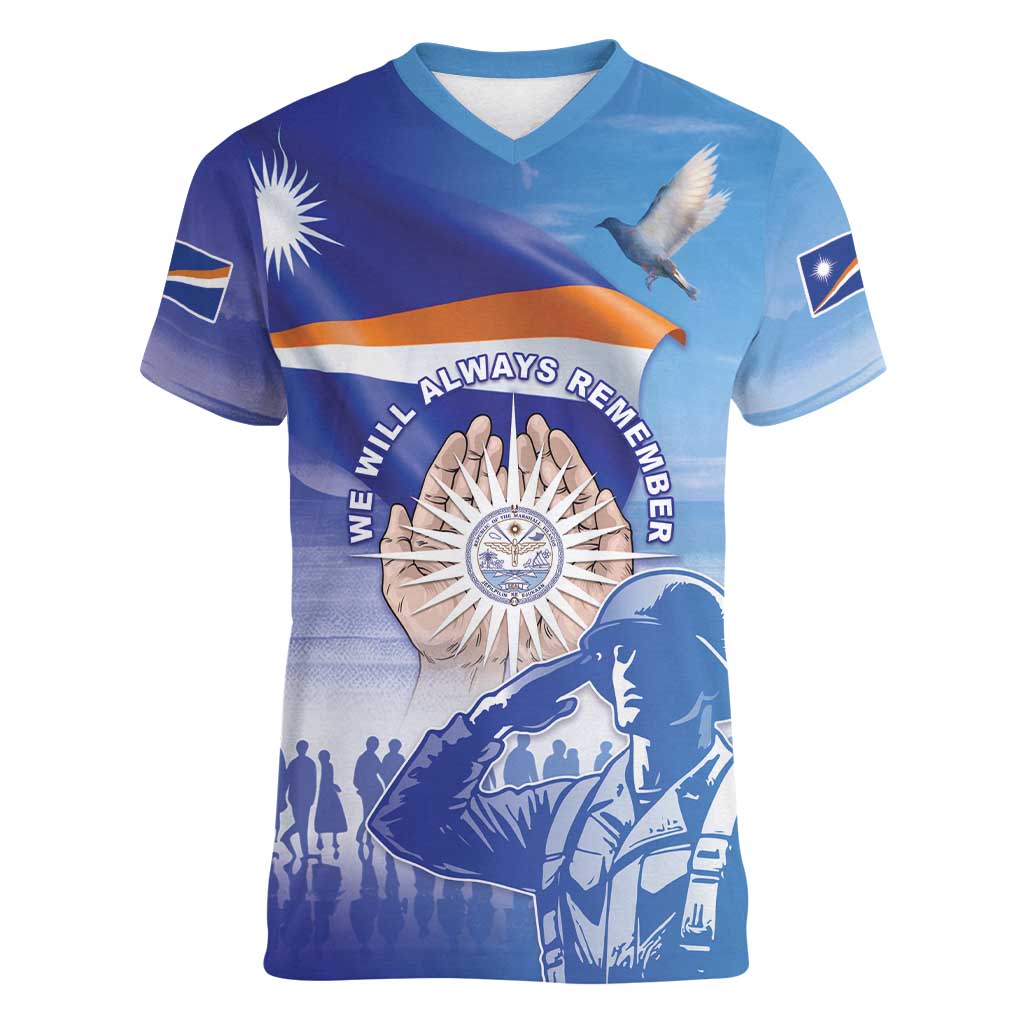 Personalised Marshall Islands Remembrance Day Women V-Neck T-Shirt We Will Always Remember LT05 Female Blue - Polynesian Pride