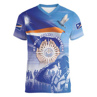 Personalised Marshall Islands Remembrance Day Women V-Neck T-Shirt We Will Always Remember LT05 Female Blue - Polynesian Pride