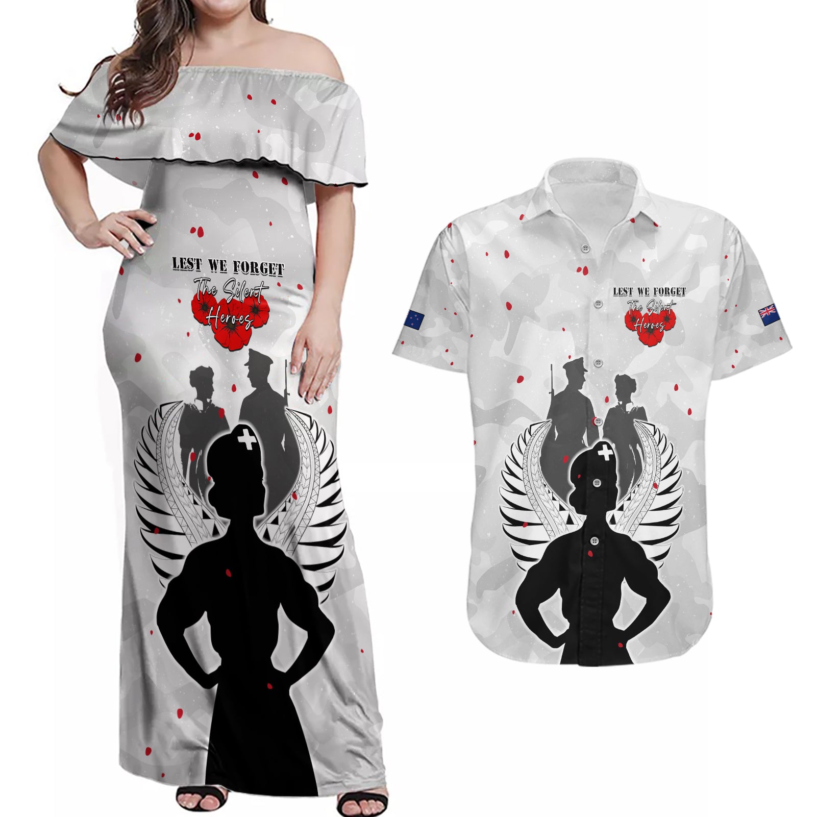 New Zealand ANZAC Day Couples Matching Off Shoulder Maxi Dress and Hawaiian Shirt For The Nurse Lest We Forget LT05 White - Polynesian Pride