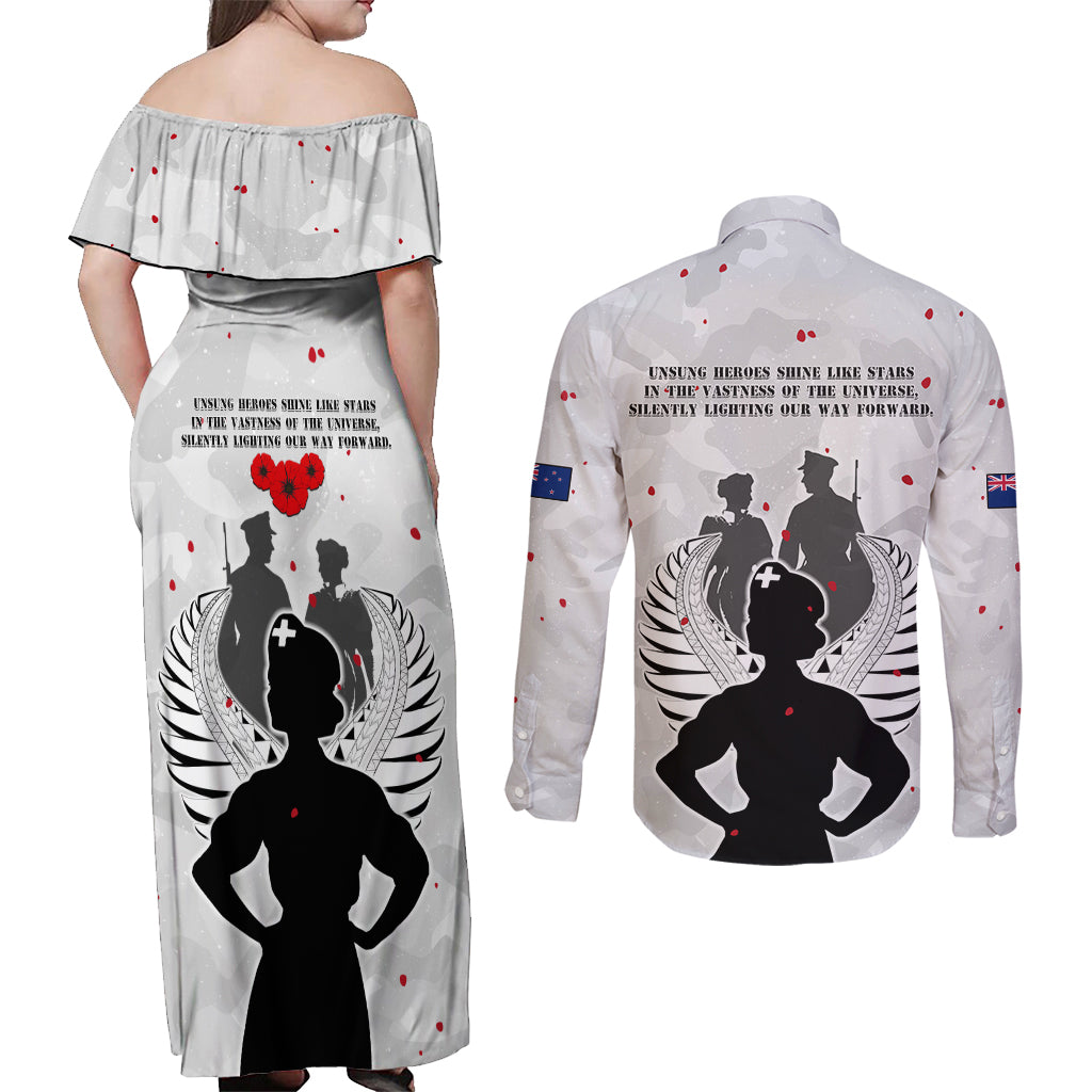 New Zealand ANZAC Day Couples Matching Off Shoulder Maxi Dress and Long Sleeve Button Shirt For The Nurse Lest We Forget LT05 - Polynesian Pride