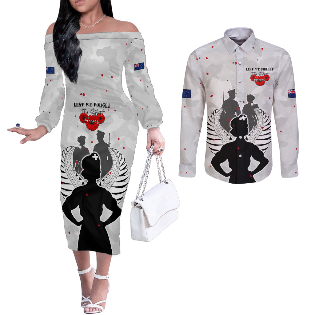 New Zealand ANZAC Day Couples Matching Off The Shoulder Long Sleeve Dress and Long Sleeve Button Shirt For The Nurse Lest We Forget LT05 White - Polynesian Pride
