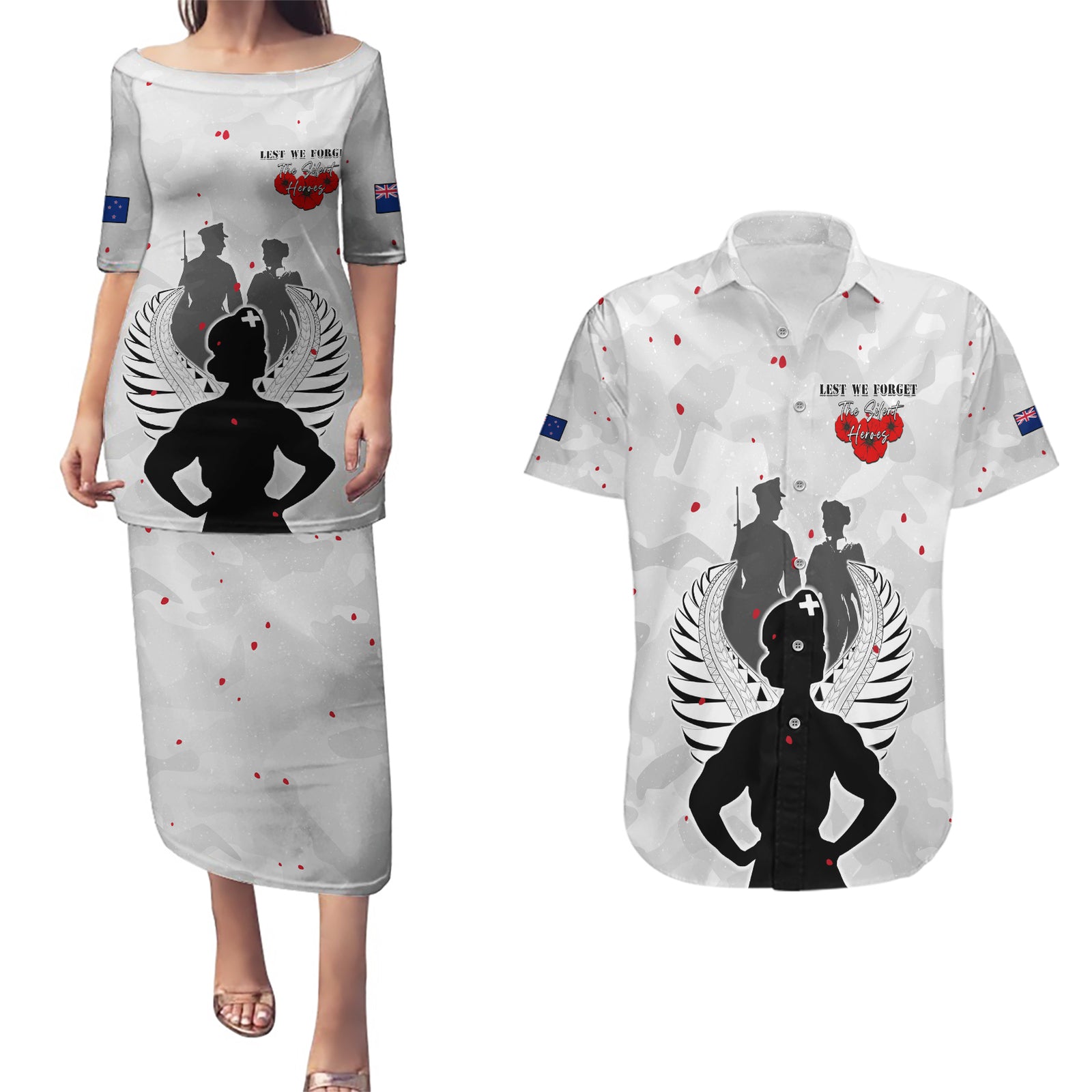 New Zealand ANZAC Day Couples Matching Puletasi and Hawaiian Shirt For The Nurse Lest We Forget LT05 White - Polynesian Pride