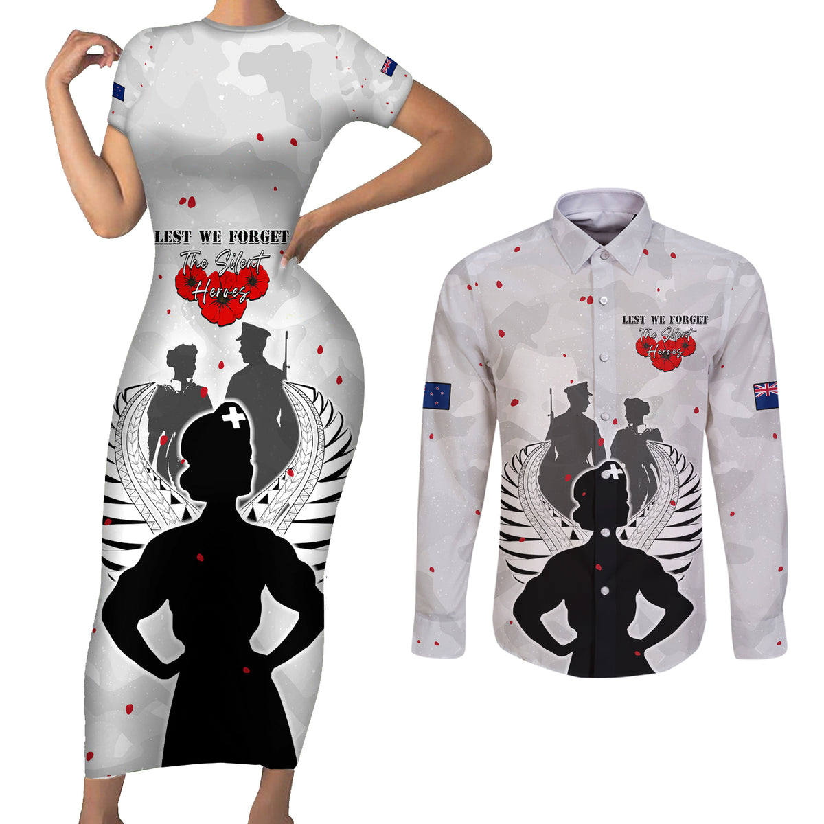 New Zealand ANZAC Day Couples Matching Short Sleeve Bodycon Dress and Long Sleeve Button Shirt For The Nurse Lest We Forget LT05 White - Polynesian Pride