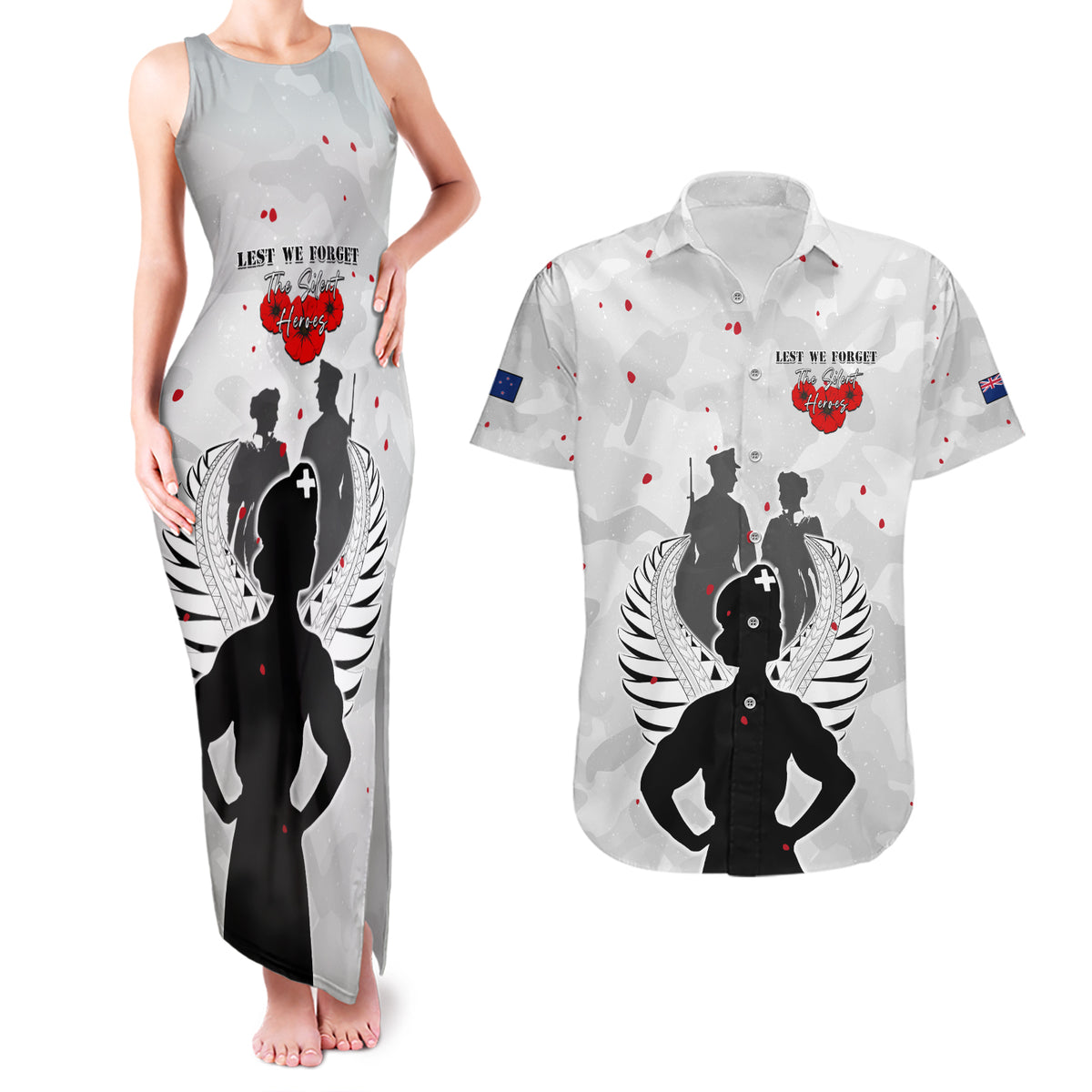 New Zealand ANZAC Day Couples Matching Tank Maxi Dress and Hawaiian Shirt For The Nurse Lest We Forget LT05 White - Polynesian Pride