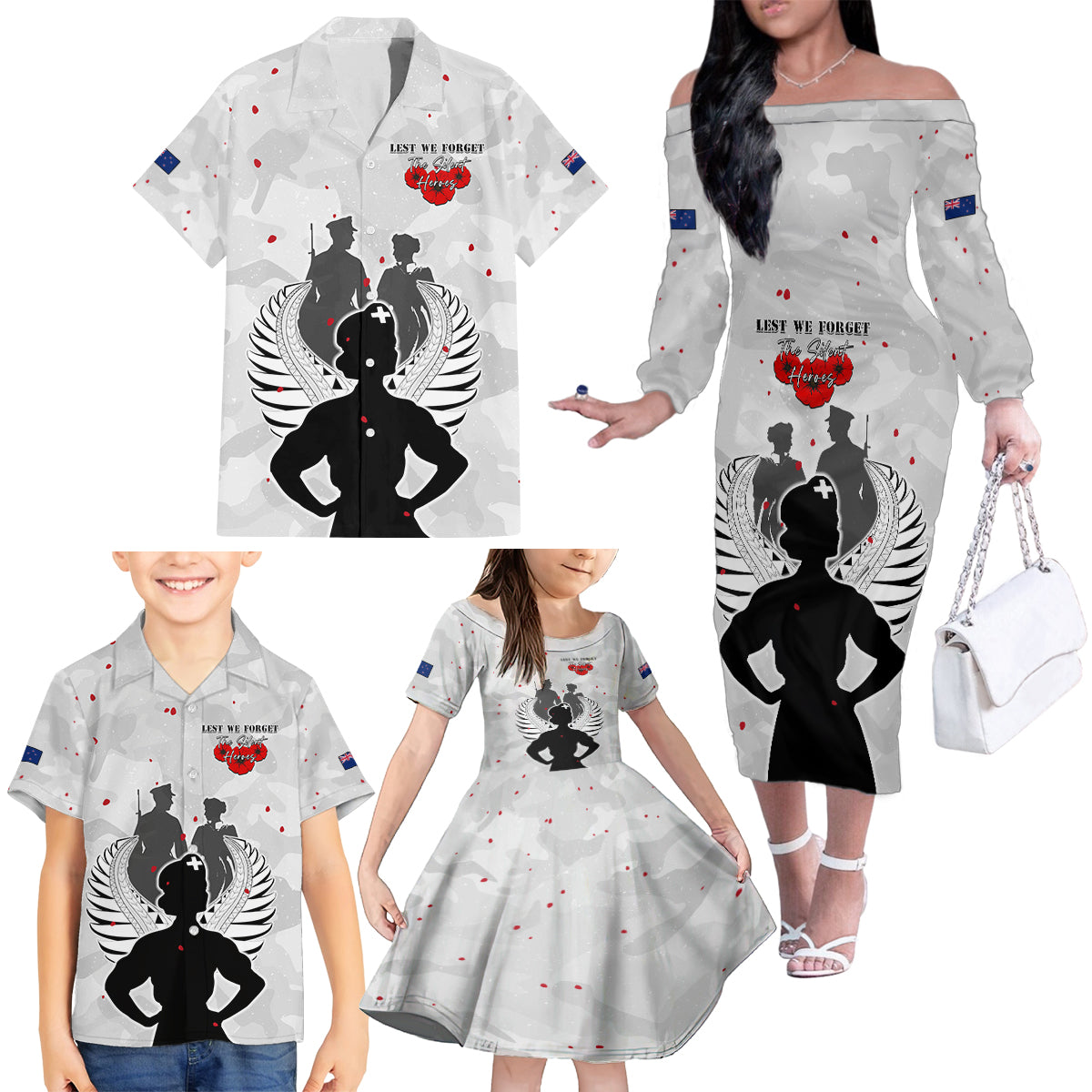 New Zealand ANZAC Day Family Matching Off The Shoulder Long Sleeve Dress and Hawaiian Shirt For The Nurse Lest We Forget LT05 - Polynesian Pride