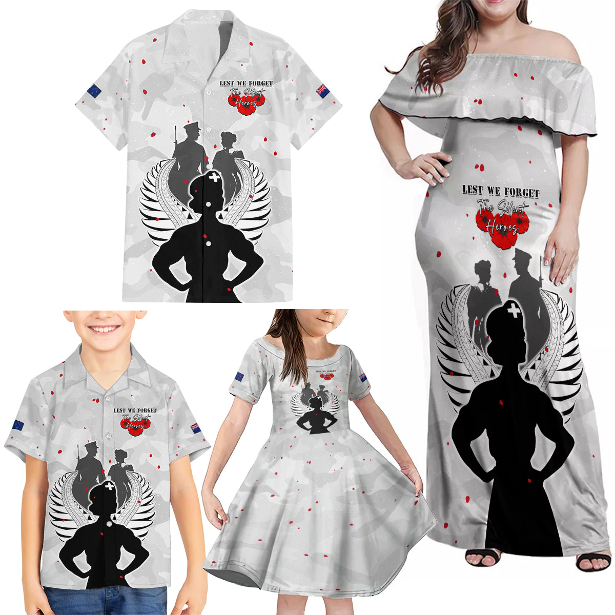 New Zealand ANZAC Day Family Matching Off Shoulder Maxi Dress and Hawaiian Shirt For The Nurse Lest We Forget LT05 - Polynesian Pride