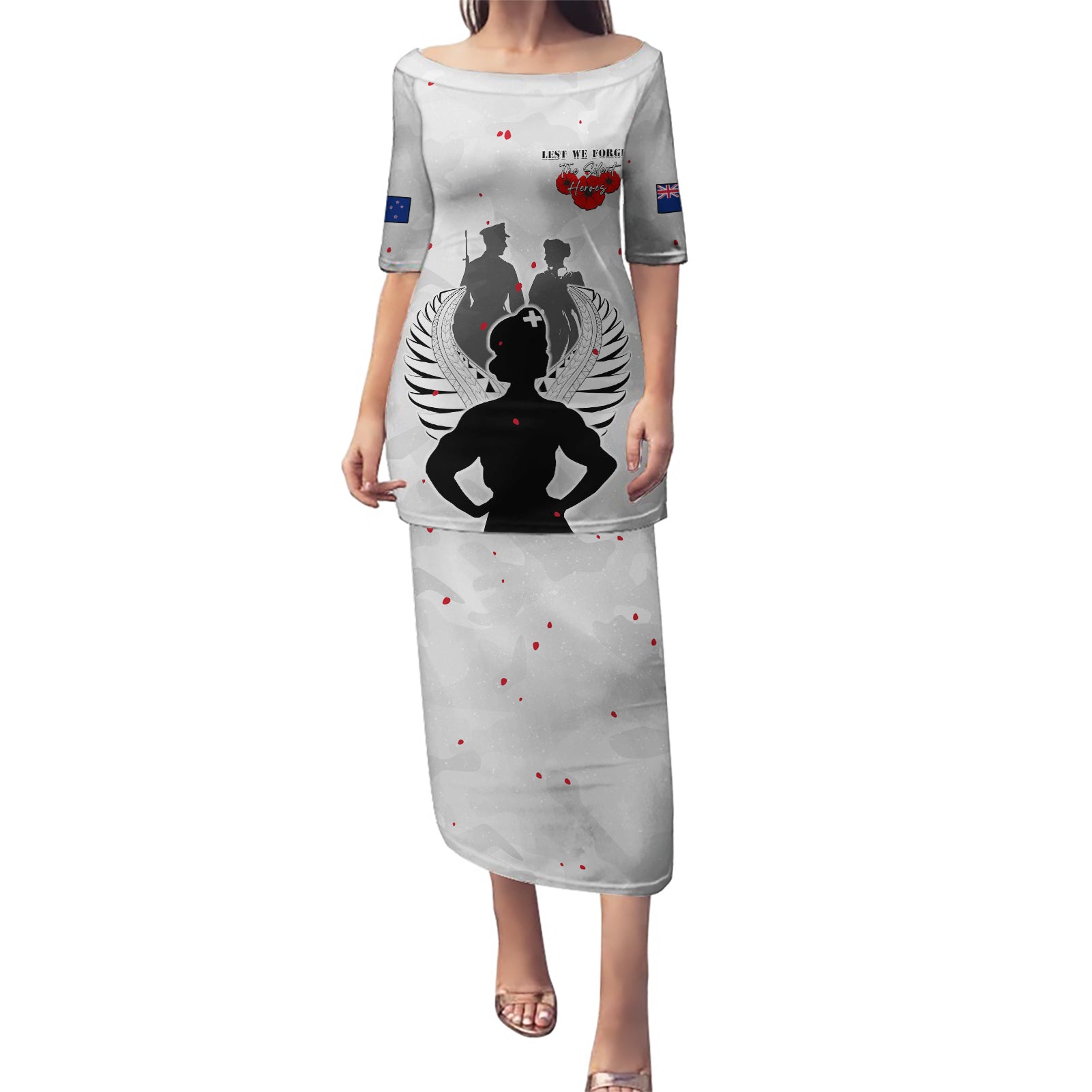 New Zealand ANZAC Day Puletasi For The Nurse Lest We Forget LT05 Long Dress White - Polynesian Pride