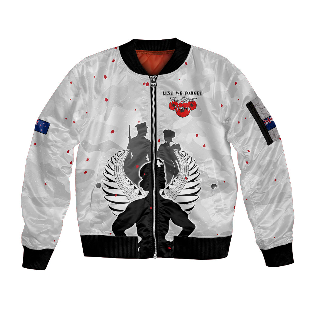 New Zealand ANZAC Day Sleeve Zip Bomber Jacket For The Nurse Lest We Forget LT05 Unisex White - Polynesian Pride