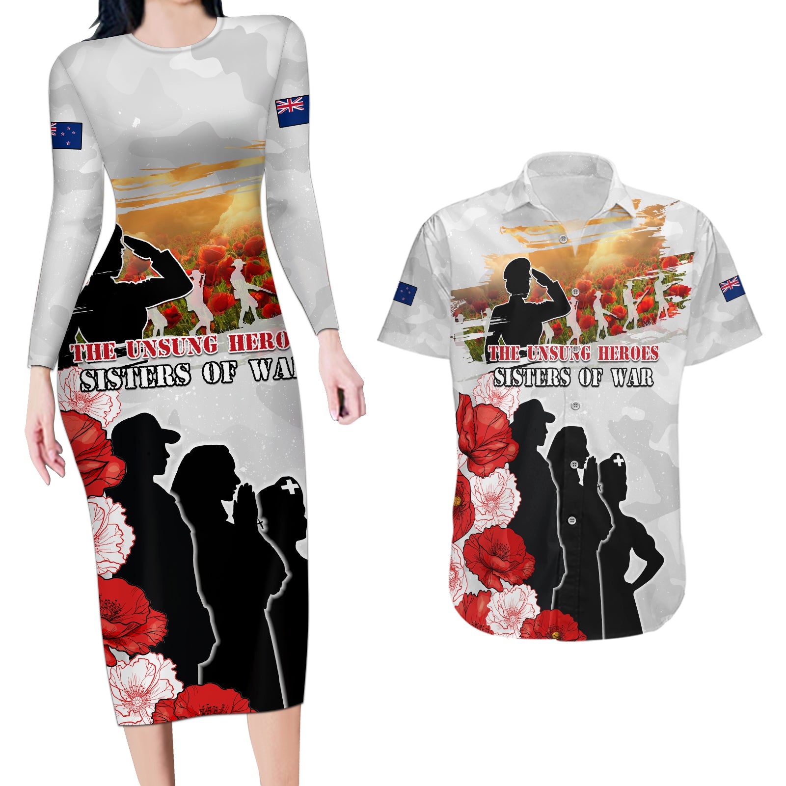 New Zealand ANZAC Day Couples Matching Long Sleeve Bodycon Dress and Hawaiian Shirt The Unsung Heroes Sisters of War LT05 White - Polynesian Pride