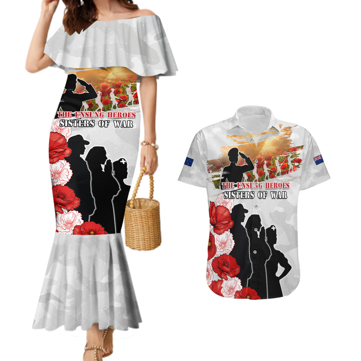 New Zealand ANZAC Day Couples Matching Mermaid Dress and Hawaiian Shirt The Unsung Heroes Sisters of War LT05 White - Polynesian Pride