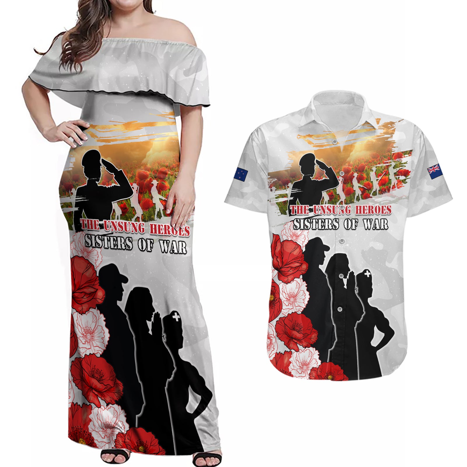 New Zealand ANZAC Day Couples Matching Off Shoulder Maxi Dress and Hawaiian Shirt The Unsung Heroes Sisters of War LT05 White - Polynesian Pride