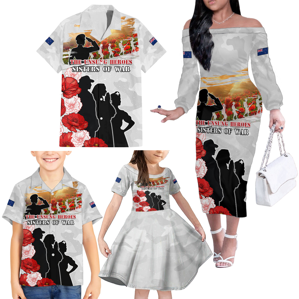 New Zealand ANZAC Day Family Matching Off The Shoulder Long Sleeve Dress and Hawaiian Shirt The Unsung Heroes Sisters of War LT05 - Polynesian Pride