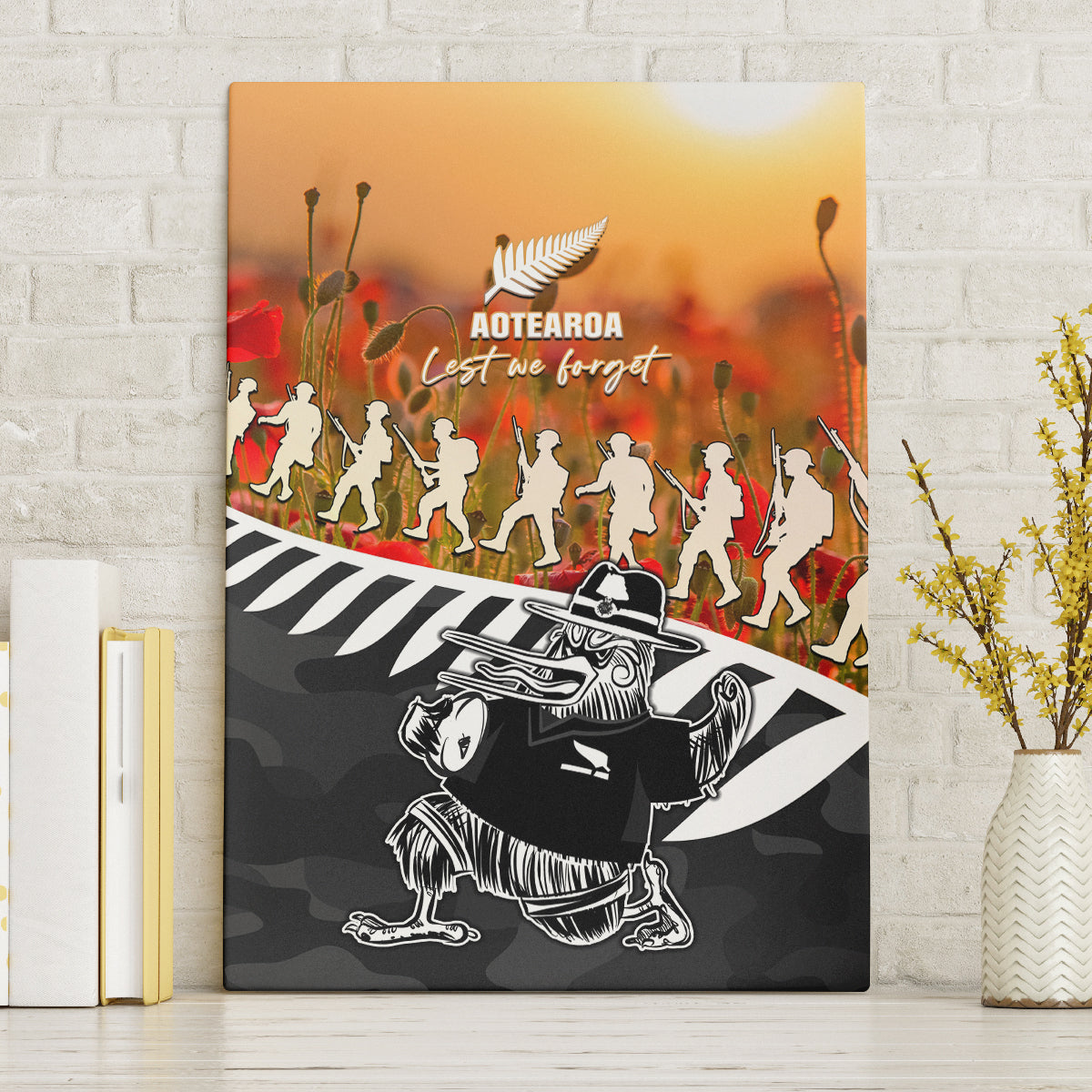 New Zealand ANZAC Rugby Canvas Wall Art Soldier Fern With Kiwi Bird