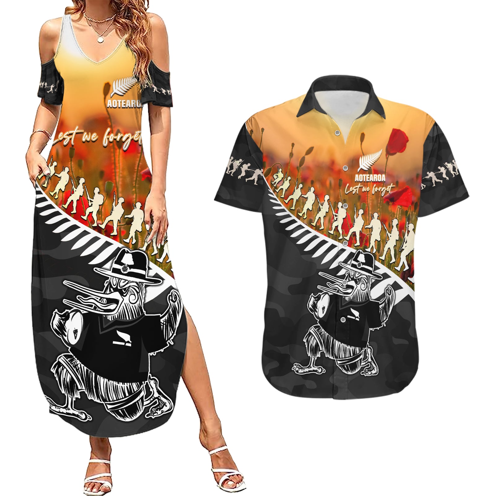 New Zealand ANZAC Rugby Couples Matching Summer Maxi Dress and Hawaiian Shirt Soldier Fern With Kiwi Bird LT05