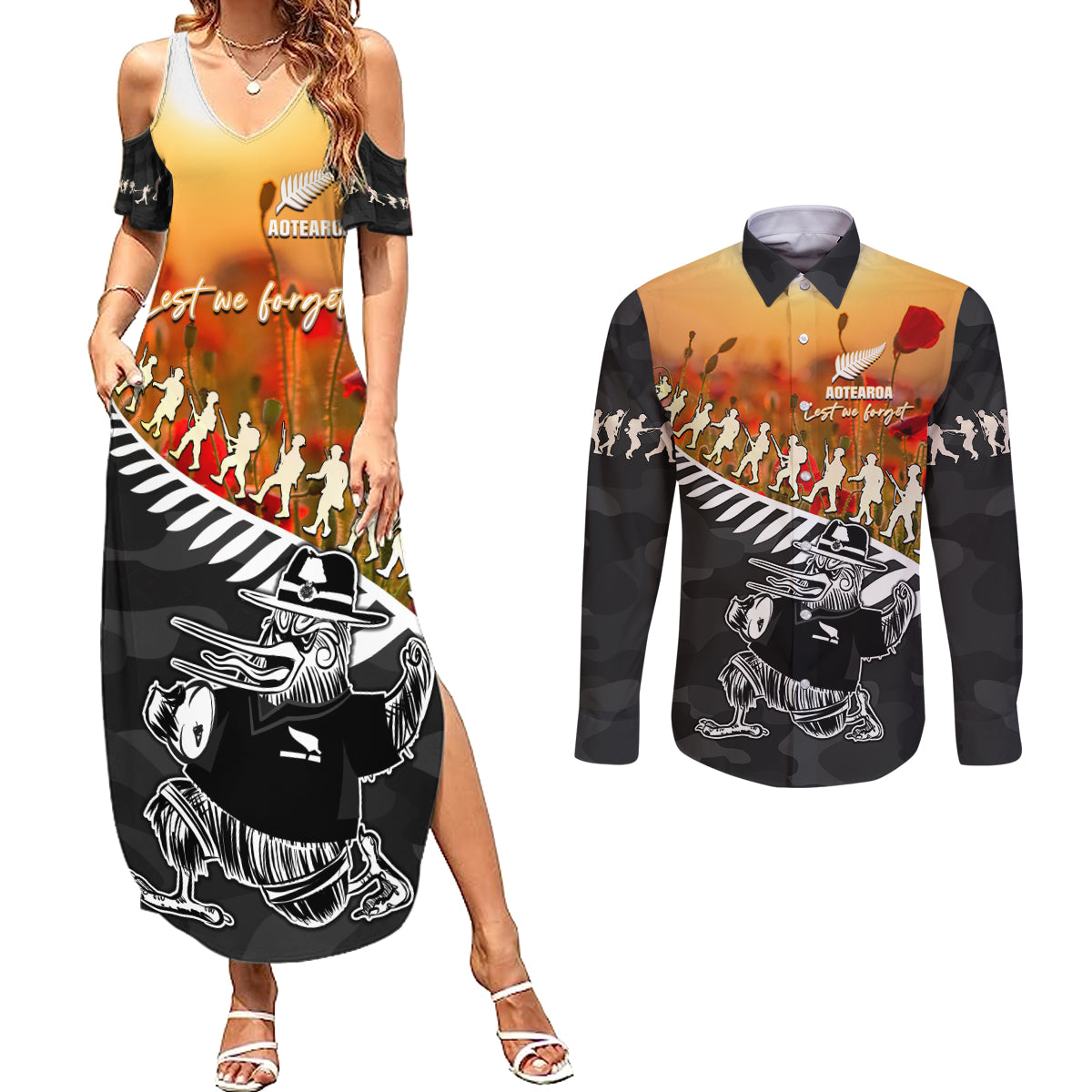 New Zealand ANZAC Rugby Couples Matching Summer Maxi Dress and Long Sleeve Button Shirt Soldier Fern With Kiwi Bird LT05