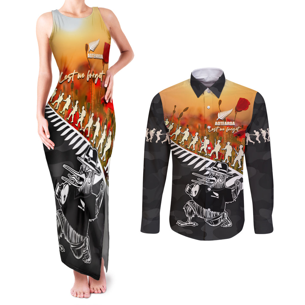 New Zealand ANZAC Rugby Couples Matching Tank Maxi Dress and Long Sleeve Button Shirt Soldier Fern With Kiwi Bird LT05