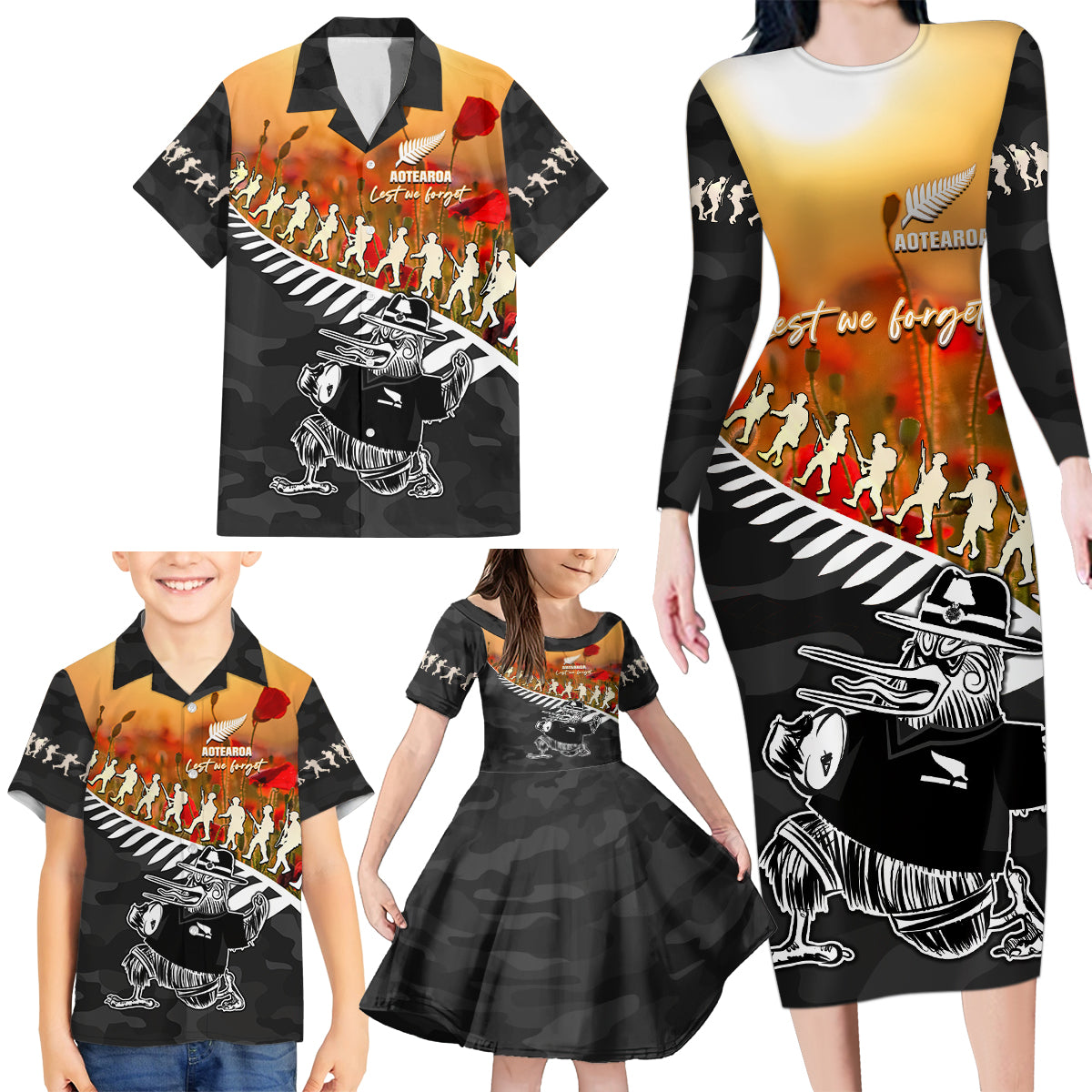 New Zealand ANZAC Rugby Family Matching Long Sleeve Bodycon Dress and Hawaiian Shirt Soldier Fern With Kiwi Bird LT05