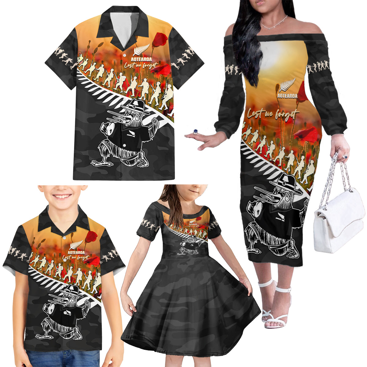 New Zealand ANZAC Rugby Family Matching Off The Shoulder Long Sleeve Dress and Hawaiian Shirt Soldier Fern With Kiwi Bird LT05