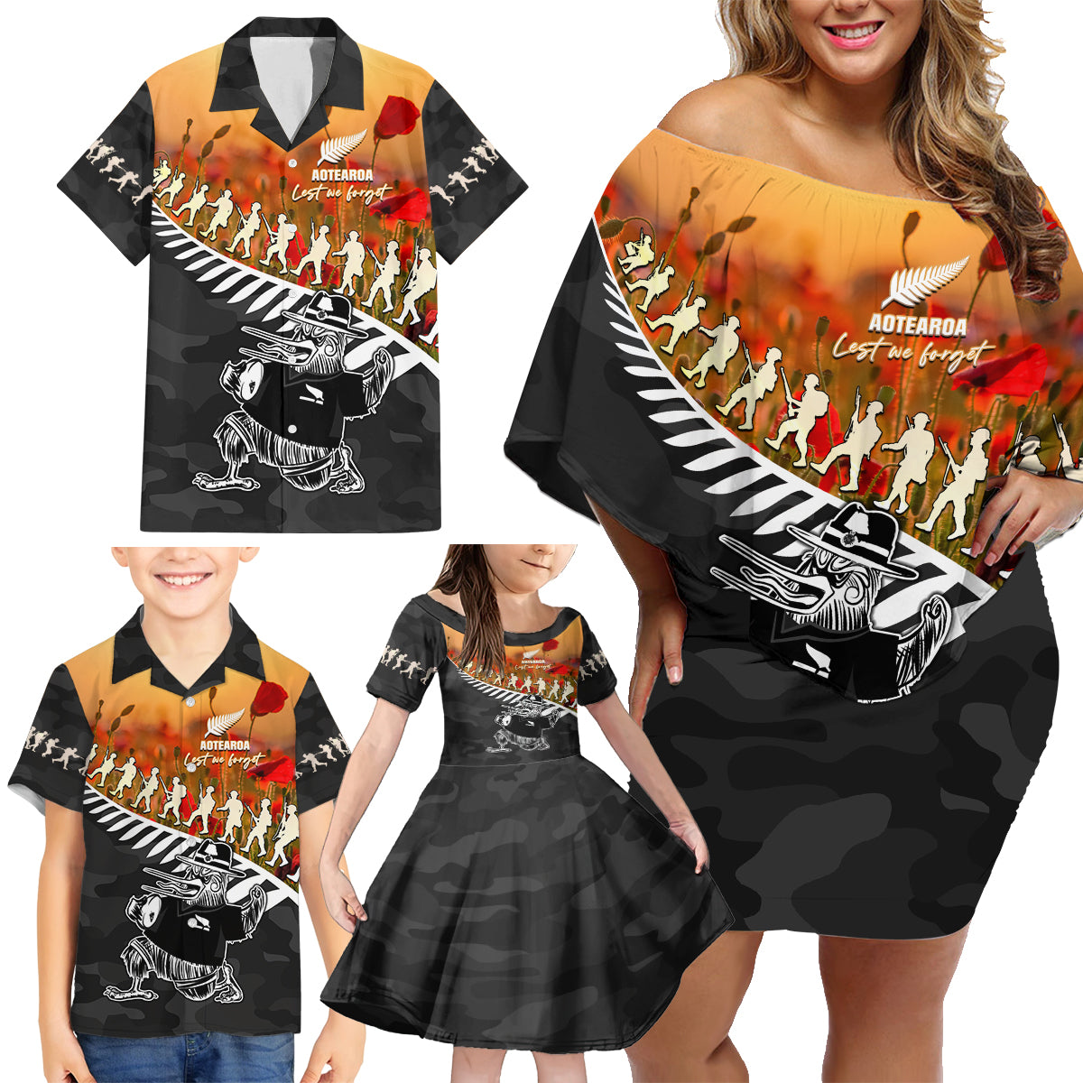 New Zealand ANZAC Rugby Family Matching Off Shoulder Short Dress and Hawaiian Shirt Soldier Fern With Kiwi Bird LT05