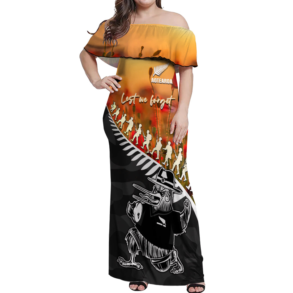 New Zealand ANZAC Rugby Off Shoulder Maxi Dress Soldier Fern With Kiwi Bird LT05