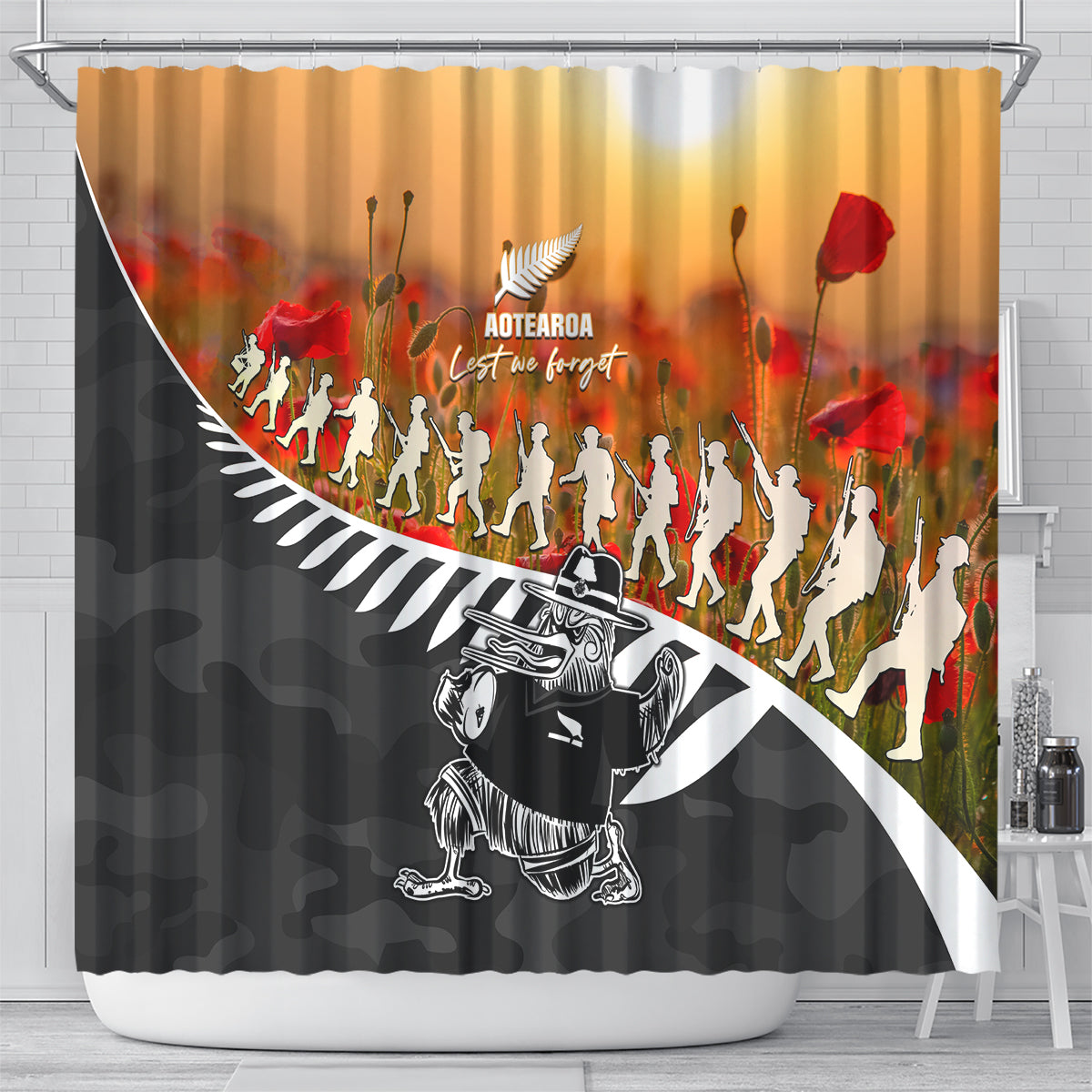 New Zealand ANZAC Rugby Shower Curtain Soldier Fern With Kiwi Bird