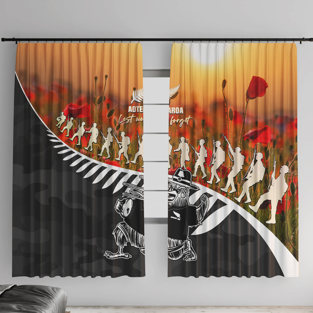 New Zealand ANZAC Rugby Window Curtain Soldier Fern With Kiwi Bird