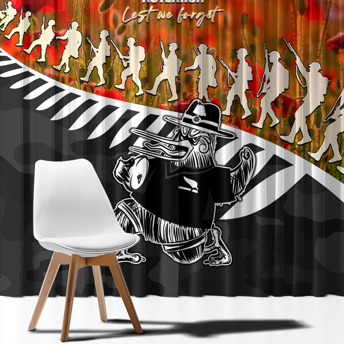 New Zealand ANZAC Rugby Window Curtain Soldier Fern With Kiwi Bird