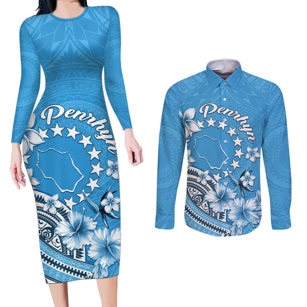 Personalised Penrhyn Gospel Day Couples Matching Long Sleeve Bodycon Dress and Long Sleeve Button Shirt Cook Islands Tribal Pattern LT05 Blue - Polynesian Pride