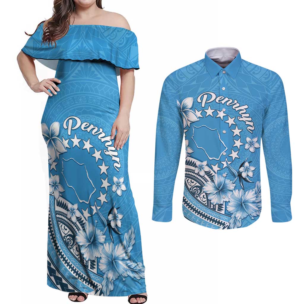 Personalised Penrhyn Gospel Day Couples Matching Off Shoulder Maxi Dress and Long Sleeve Button Shirt Cook Islands Tribal Pattern LT05 Blue - Polynesian Pride