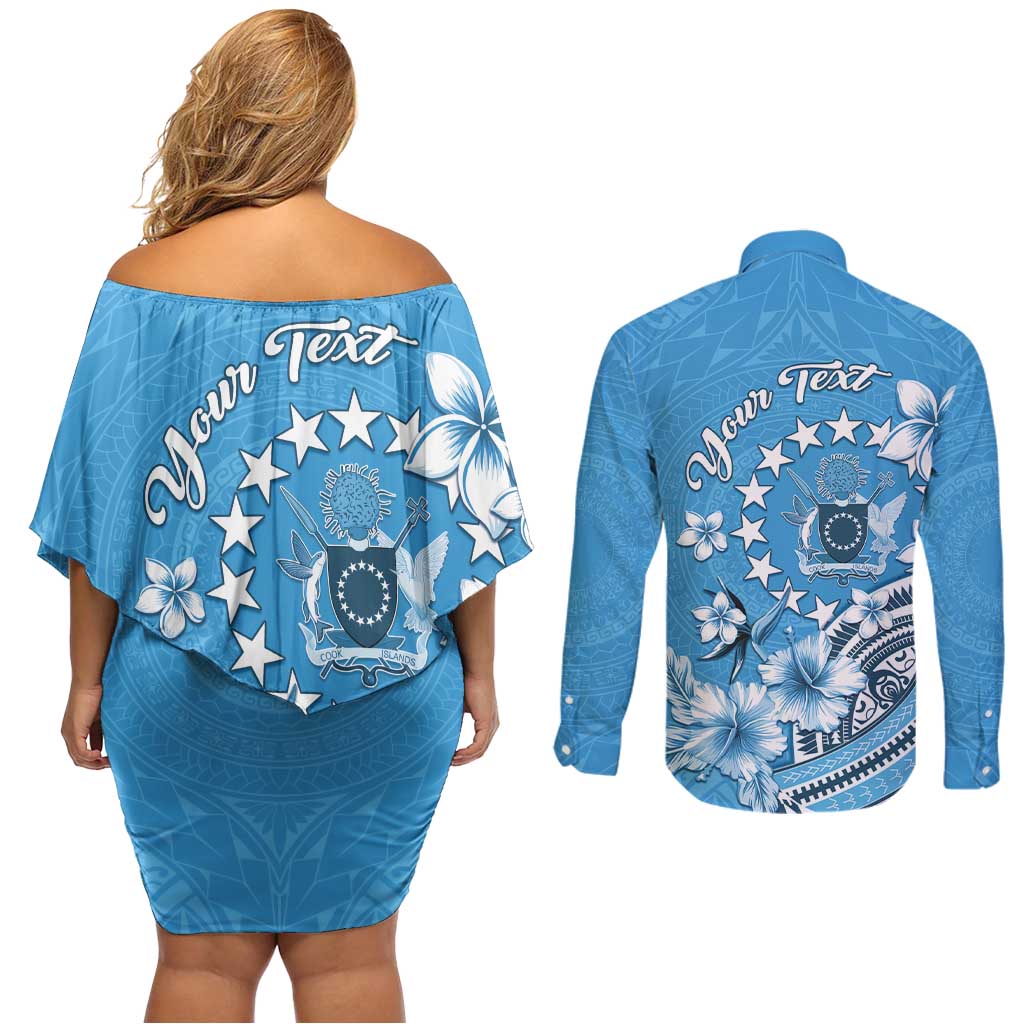 Personalised Penrhyn Gospel Day Couples Matching Off Shoulder Short Dress and Long Sleeve Button Shirt Cook Islands Tribal Pattern LT05 - Polynesian Pride