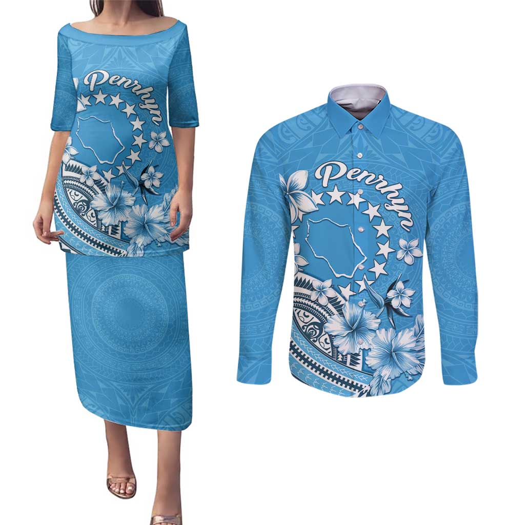 Personalised Penrhyn Gospel Day Couples Matching Puletasi and Long Sleeve Button Shirt Cook Islands Tribal Pattern LT05 Blue - Polynesian Pride