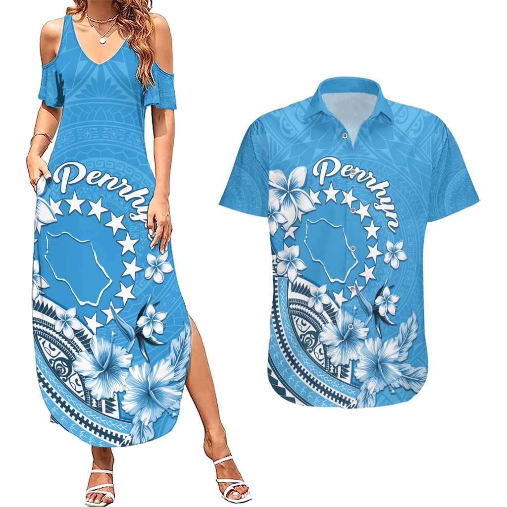 Personalised Penrhyn Gospel Day Couples Matching Summer Maxi Dress and Hawaiian Shirt Cook Islands Tribal Pattern LT05 Blue - Polynesian Pride