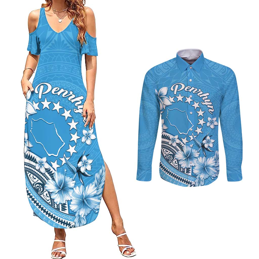 Personalised Penrhyn Gospel Day Couples Matching Summer Maxi Dress and Long Sleeve Button Shirt Cook Islands Tribal Pattern LT05 Blue - Polynesian Pride