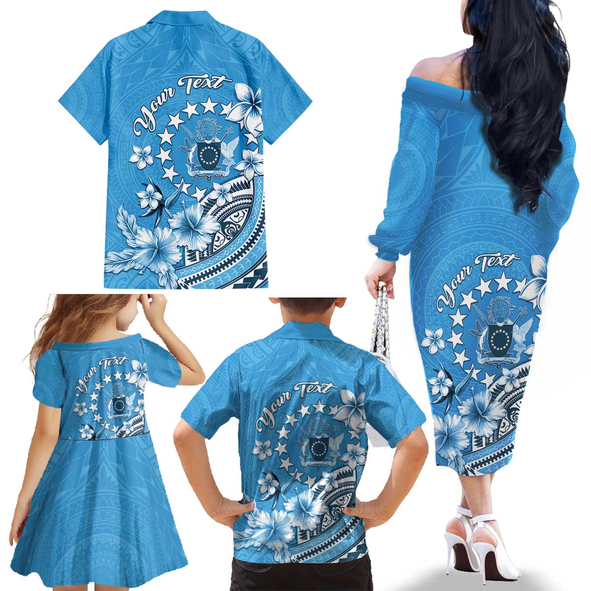Personalised Penrhyn Gospel Day Family Matching Off The Shoulder Long Sleeve Dress and Hawaiian Shirt Cook Islands Tribal Pattern