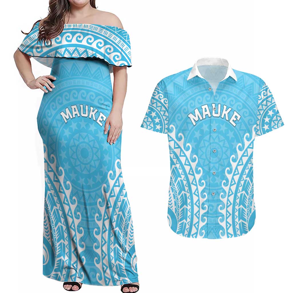 Custom Cook Islands Mauke Couples Matching Off Shoulder Maxi Dress and Hawaiian Shirt Polynesian Tribal Tattoo