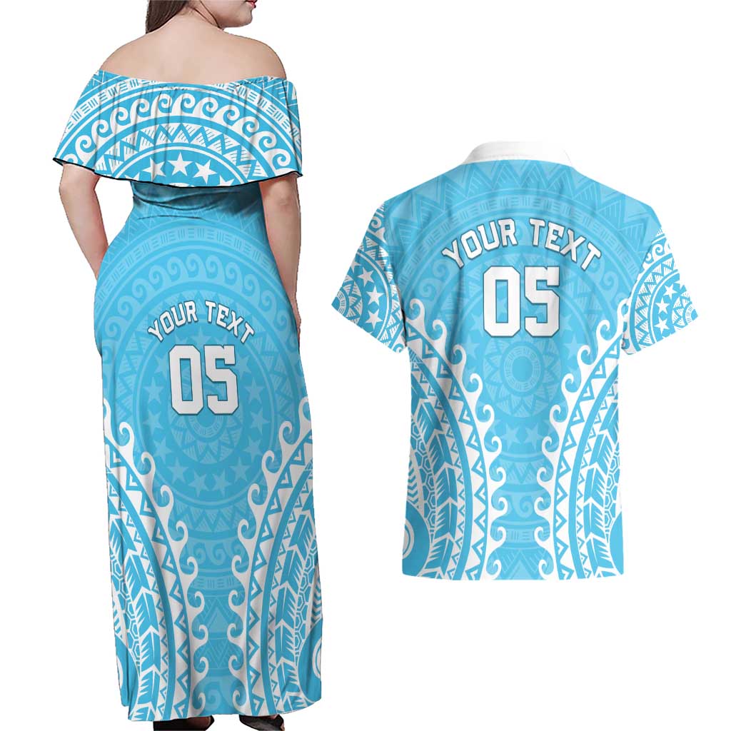 Custom Cook Islands Mauke Couples Matching Off Shoulder Maxi Dress and Hawaiian Shirt Polynesian Tribal Tattoo