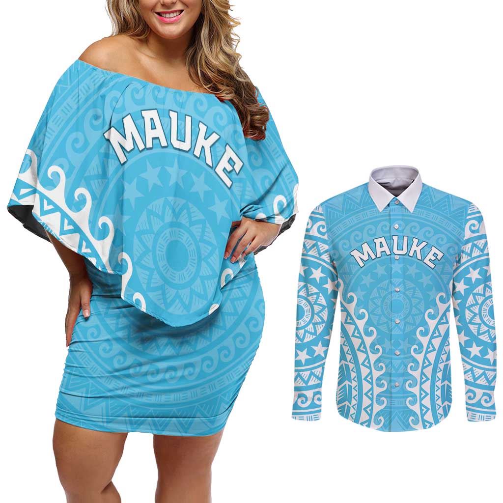 Custom Cook Islands Mauke Couples Matching Off Shoulder Short Dress and Long Sleeve Button Shirt Polynesian Tribal Tattoo