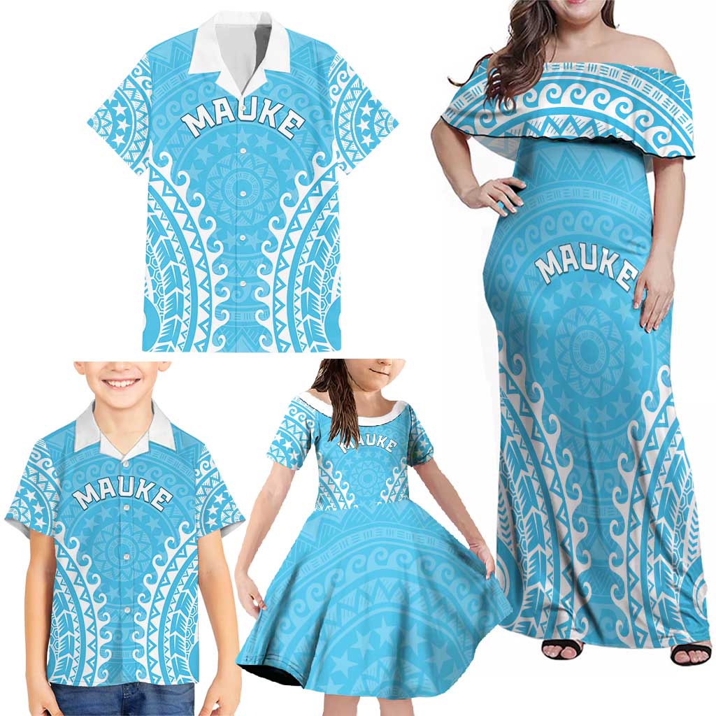 Custom Cook Islands Mauke Family Matching Off Shoulder Maxi Dress and Hawaiian Shirt Polynesian Tribal Tattoo