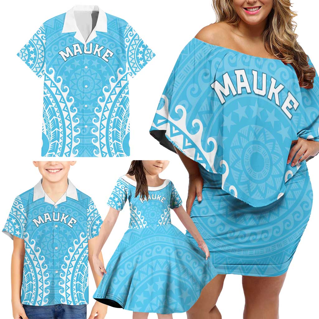 Custom Cook Islands Mauke Family Matching Off Shoulder Short Dress and Hawaiian Shirt Polynesian Tribal Tattoo