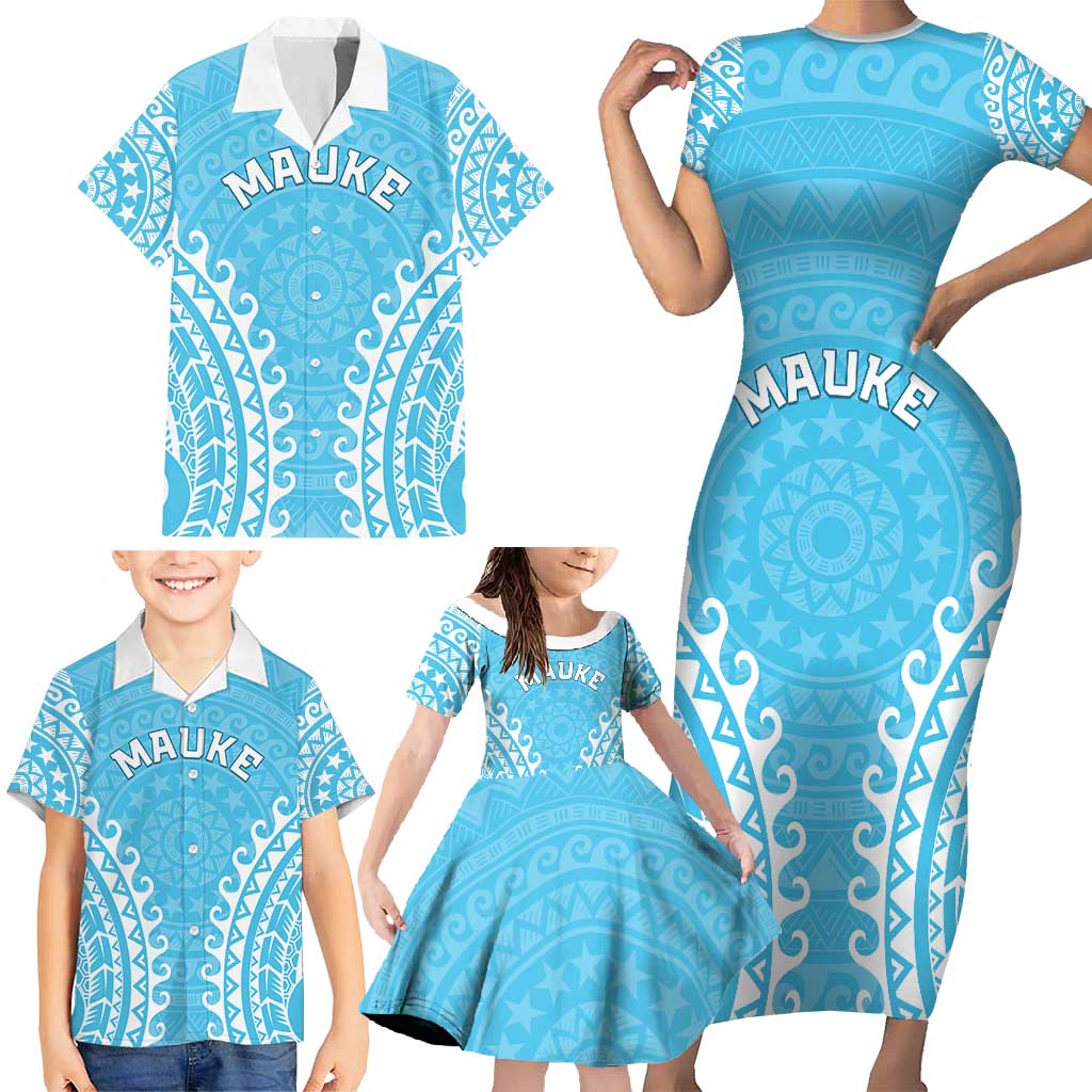 Custom Cook Islands Mauke Family Matching Short Sleeve Bodycon Dress and Hawaiian Shirt Polynesian Tribal Tattoo