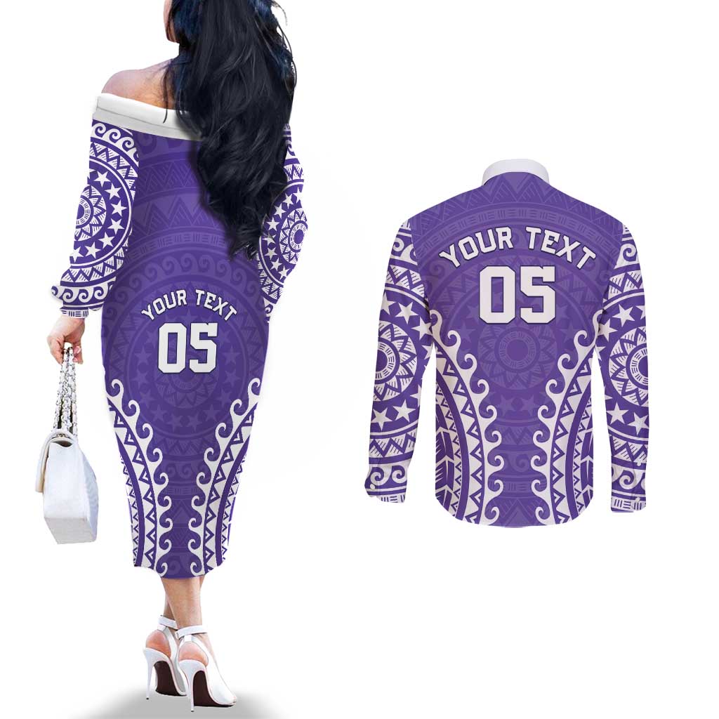 Custom Cook Islands Rarotonga Couples Matching Off The Shoulder Long Sleeve Dress and Long Sleeve Button Shirt Polynesian Tribal Tattoo