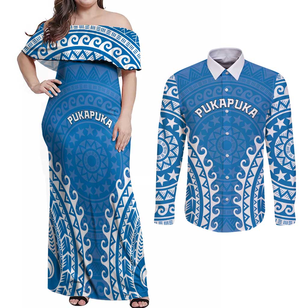 Custom Cook Islands Pukapuka Couples Matching Off Shoulder Maxi Dress and Long Sleeve Button Shirt Polynesian Tribal Tattoo