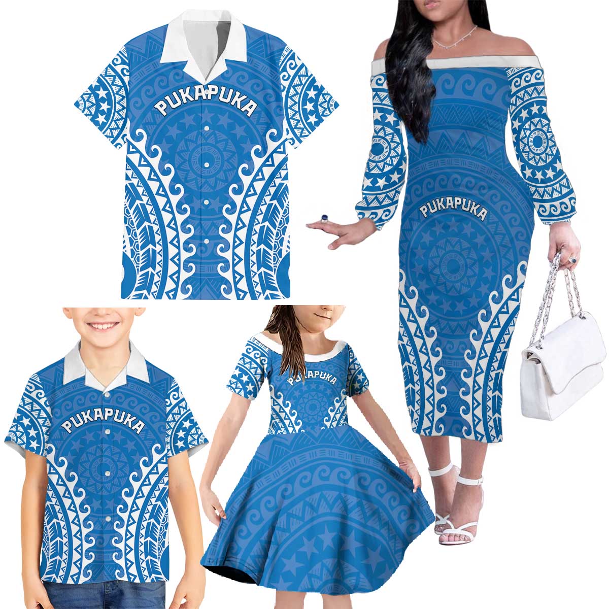 Custom Cook Islands Pukapuka Family Matching Off The Shoulder Long Sleeve Dress and Hawaiian Shirt Polynesian Tribal Tattoo