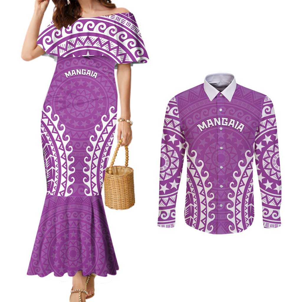 Custom Cook Islands Mangaia Couples Matching Mermaid Dress and Long Sleeve Button Shirt Polynesian Tribal Tattoo