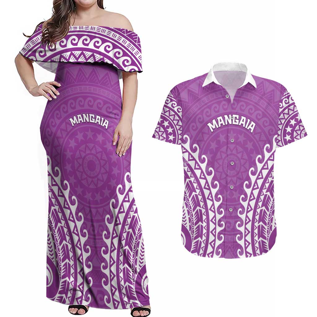 Custom Cook Islands Mangaia Couples Matching Off Shoulder Maxi Dress and Hawaiian Shirt Polynesian Tribal Tattoo