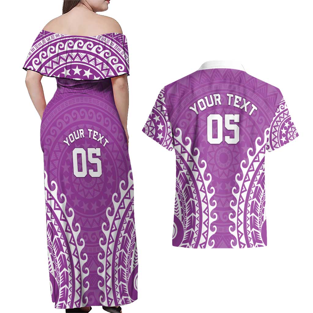 Custom Cook Islands Mangaia Couples Matching Off Shoulder Maxi Dress and Hawaiian Shirt Polynesian Tribal Tattoo
