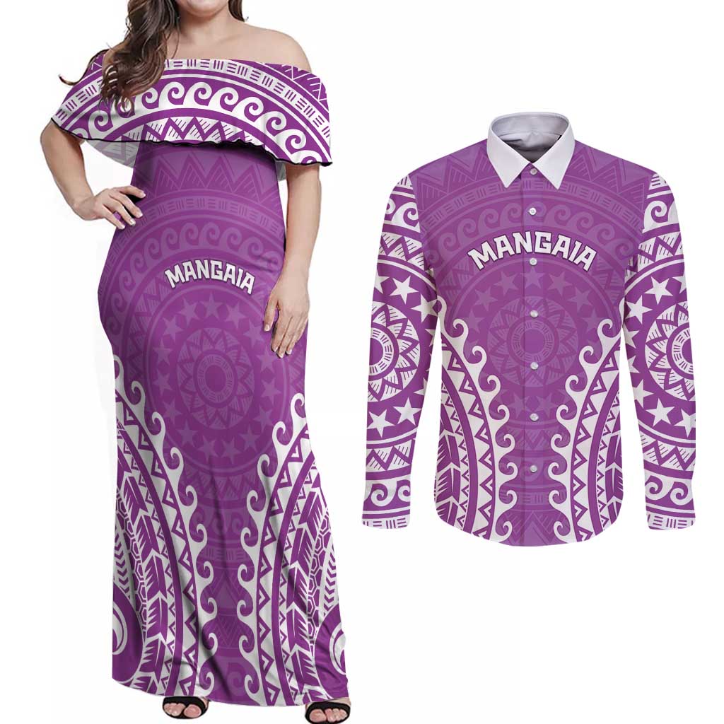 Custom Cook Islands Mangaia Couples Matching Off Shoulder Maxi Dress and Long Sleeve Button Shirt Polynesian Tribal Tattoo